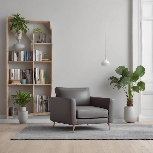 a living room with a chair and a plant in the corner