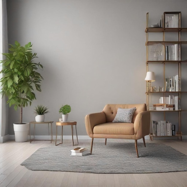 a living room with a chair and a plant on the floor