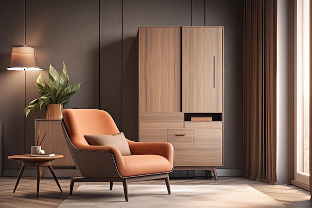 A living room with a chair and a plant in a pot