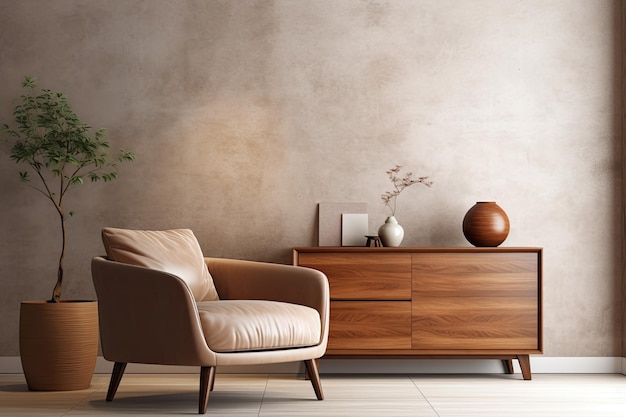 A living room with a chair and a plant on a table.