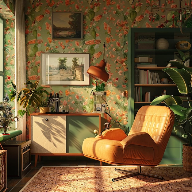 a living room with a chair and a plant on the wall