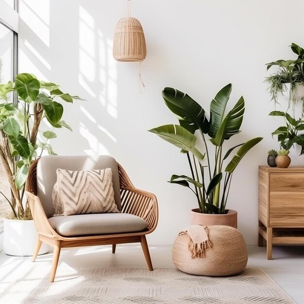 a living room with a chair plants and a lamp