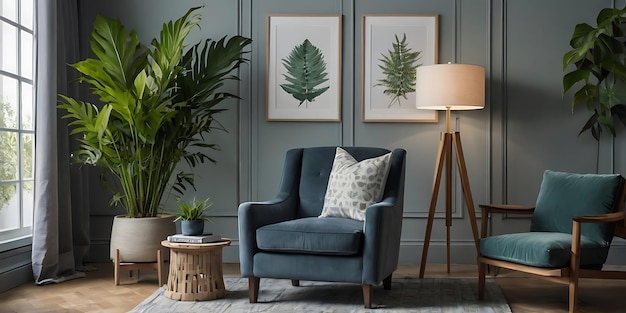 Photo a living room with a chair and plants on the wall