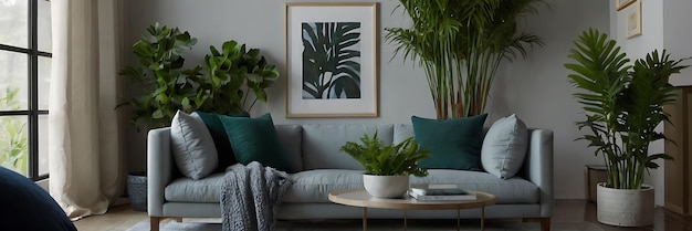 Photo a living room with a chair and plants on the wall