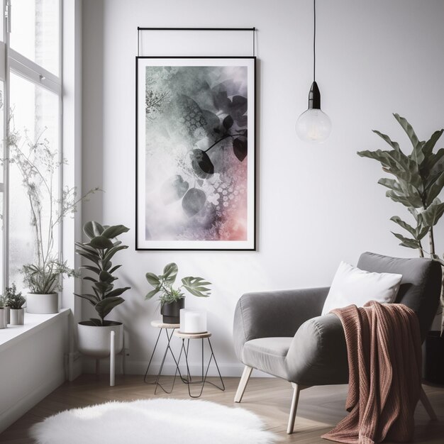 A living room with a chair and a rug on the wall.