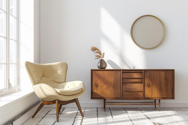 a living room with a chair a table and a mirror