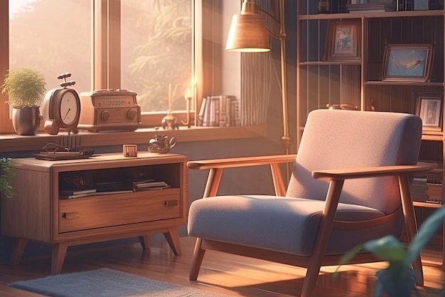 A living room with a chair and a table with a lamp on it