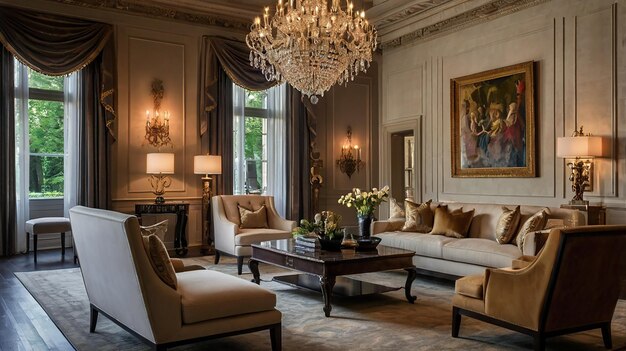 a living room with a chandelier and a chandelier