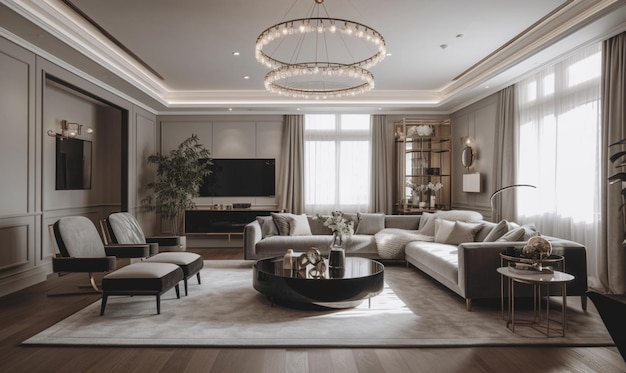 A living room with a chandelier and a couch with a large black coffee table.