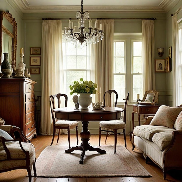 Photo a living room with a chandelier and a table with chairs