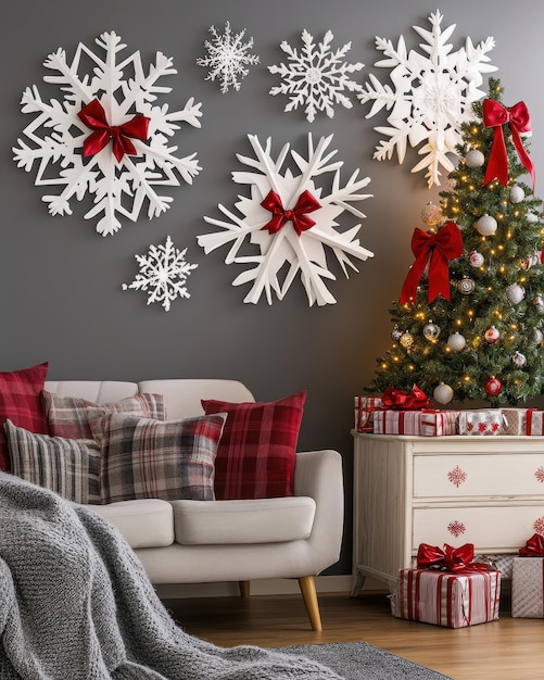 Photo a living room with a christmas tree and a chair with a red ribbon on it