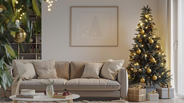 Photo a living room with a christmas tree and a couch with a christmas tree in the corner