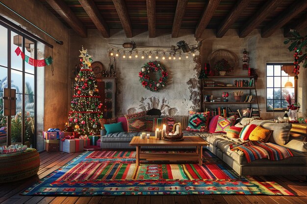 a living room with a christmas tree and a fireplace