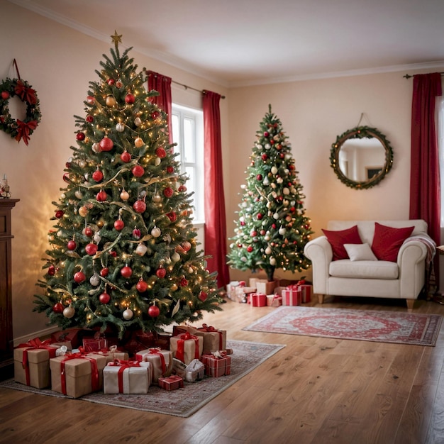 a living room with a christmas tree and presents in the corner