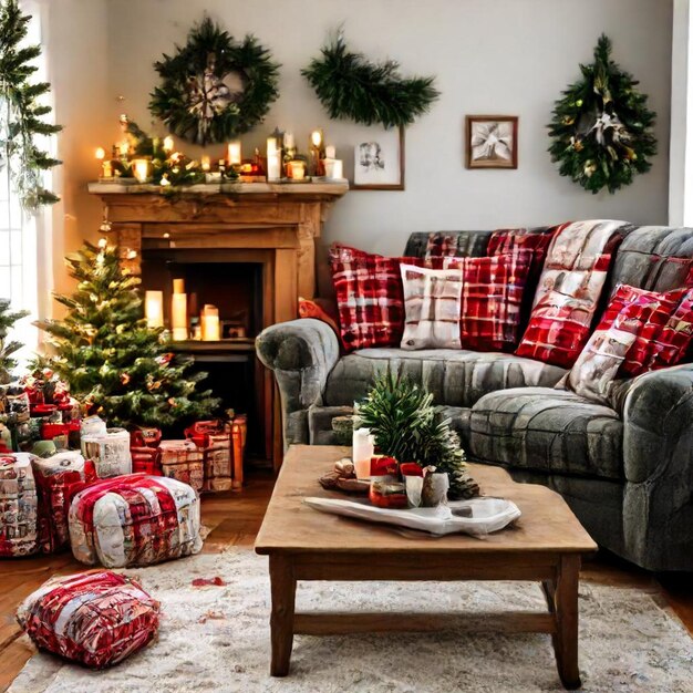 a living room with a christmas tree and presents on the table