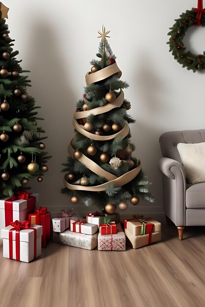 a living room with a christmas tree and presents