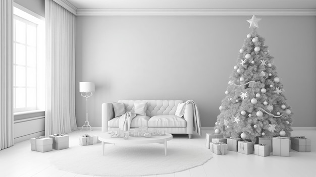 A living room with a christmas tree and presents.