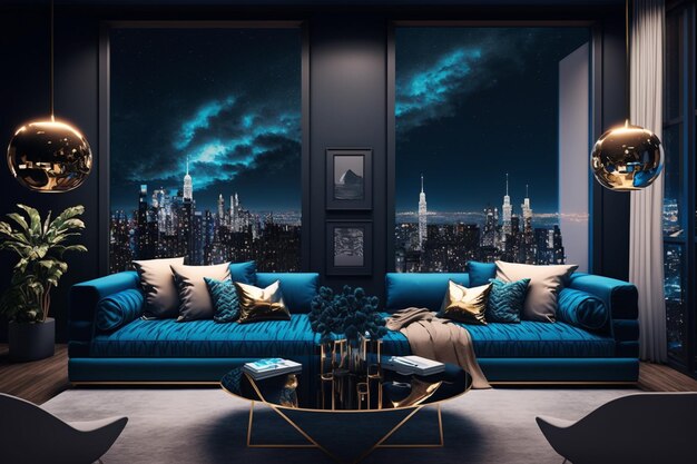 A living room with a city view and a blue couch with pillows and pillows ai generated