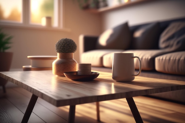 A living room with a coffee table and a plant on it.