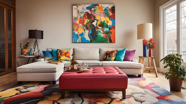 a living room with a colorful couch and a colorful painting on the wall