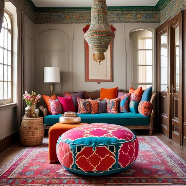 Photo a living room with a colorful couch and a colorful rug