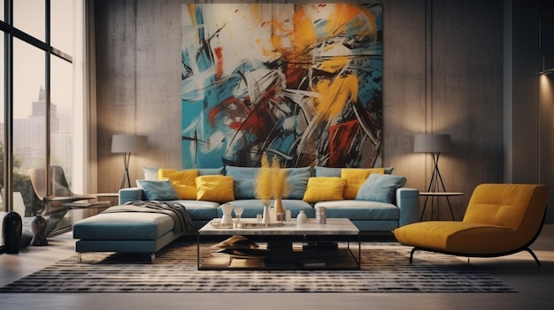 a living room with a colorful couch and a painting on the wall