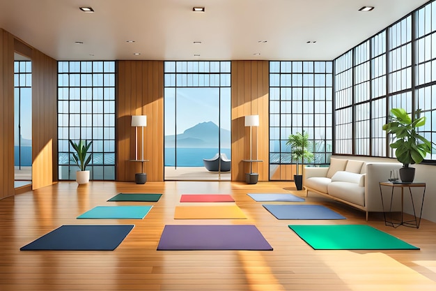 A living room with colorful mats and a view of the ocean.