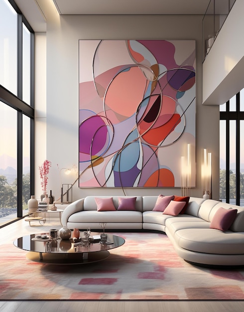 A living room with a colorful painting on the wall