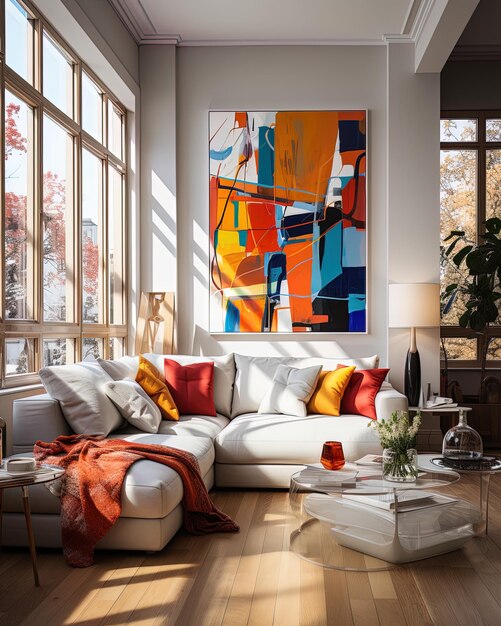 a living room with a colorful painting on the wall