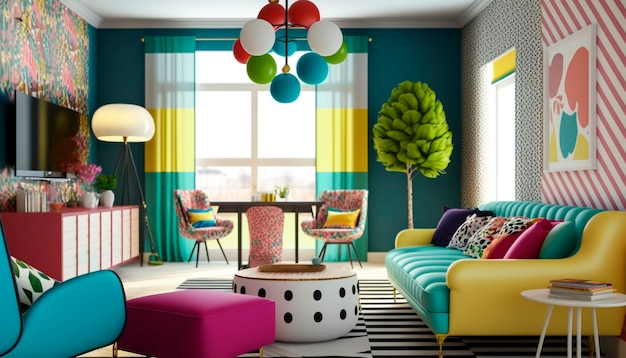 A living room with a colorful sofa and a table with a lamp on it.