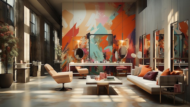 a living room with a colorful wall painting and a couch with pillows and a coffee table