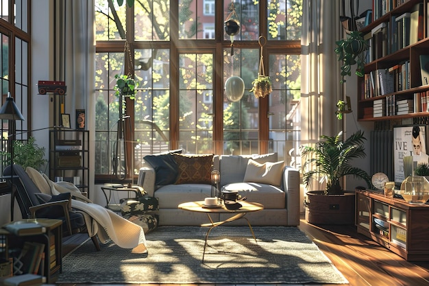 Living room with corner windows