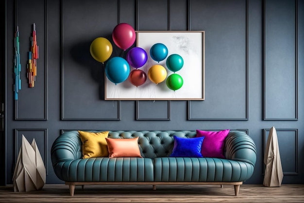 Living room with couch and balloons on the wall Generative AI