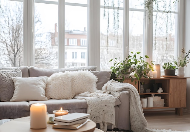 Photo a living room with a couch a book and a book on the table