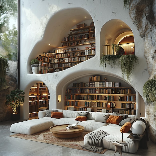 a living room with a couch and a book shelf with a book shelf above it