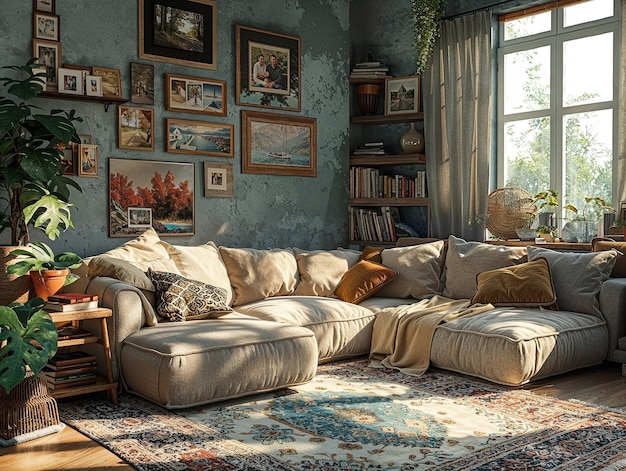 a living room with a couch and a book shelf with a picture of a man on it