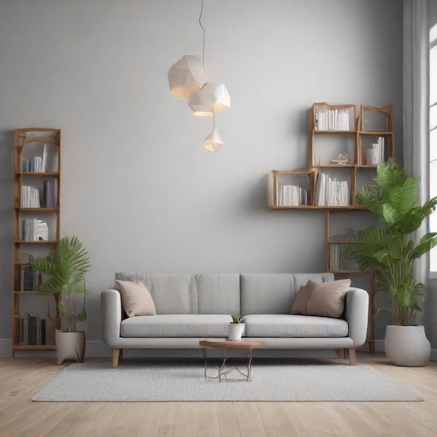 a living room with a couch and a book shelf