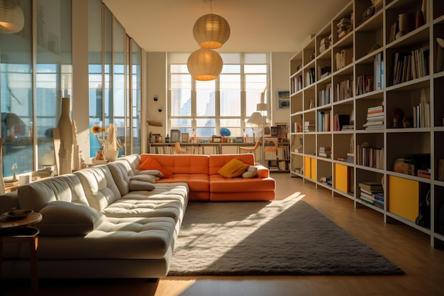 A living room with a couch bookcase and a bookcase