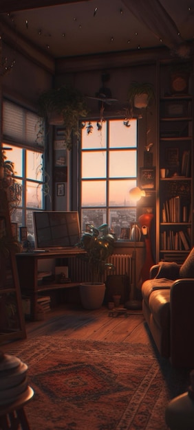 A living room with a couch, a bookcase, and a plant.