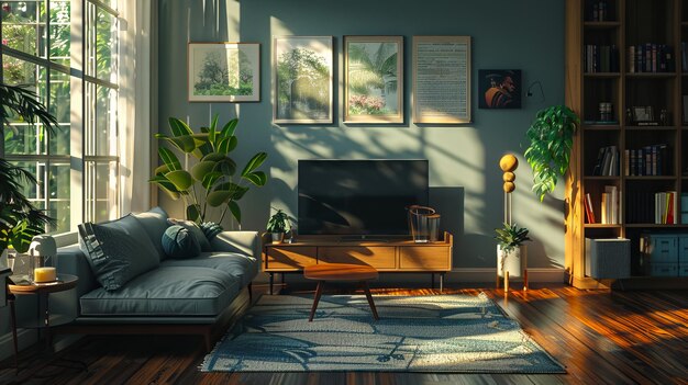 A living room with a couch bookshelves and plants