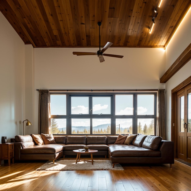 a living room with a couch and a ceiling fan