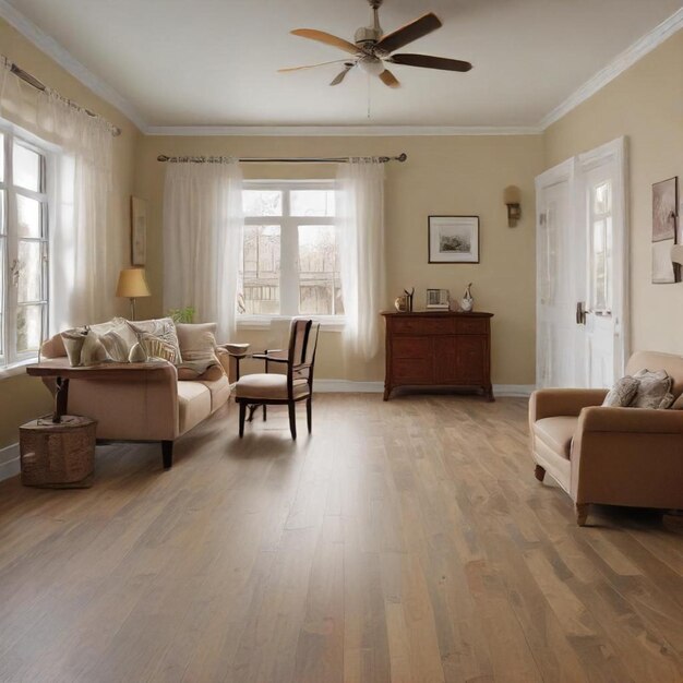 a living room with a couch chair and a ceiling fan