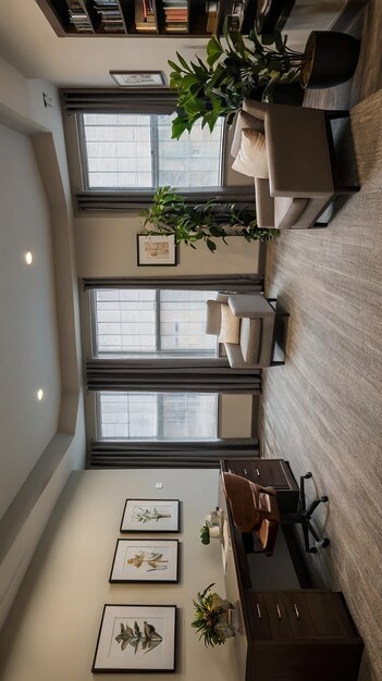 a living room with a couch chair and a plant