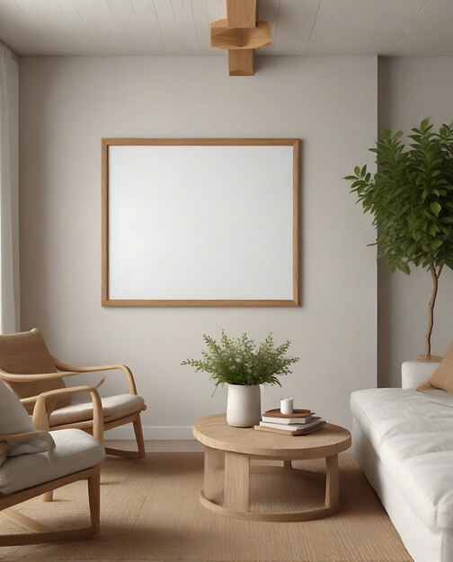 a living room with a couch chair table and a picture frame