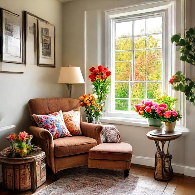 a living room with a couch a chair a table and a window with flowers on it