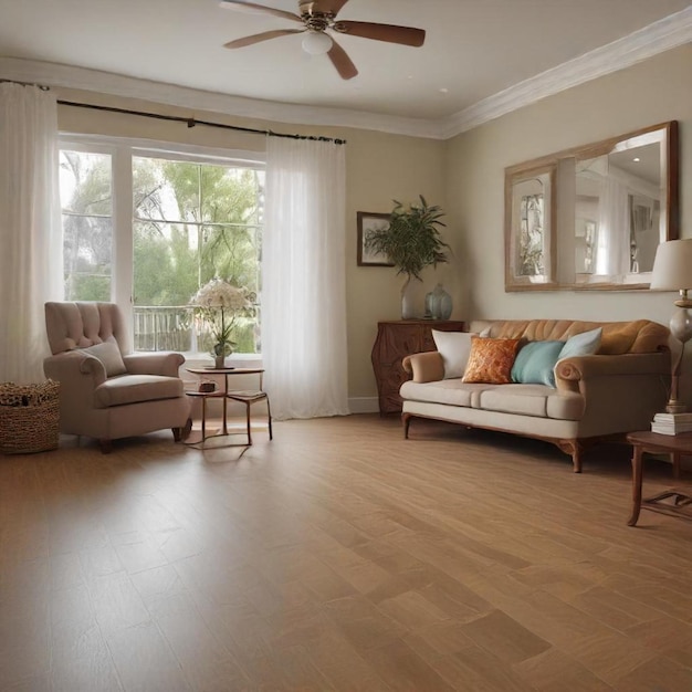 a living room with a couch chair and a table with a lamp