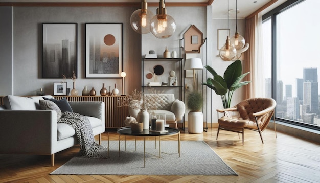 a living room with a couch a chair and a table with a plant on it