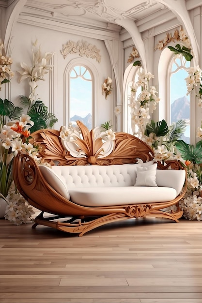 a living room with a couch and a chair with a flowered background