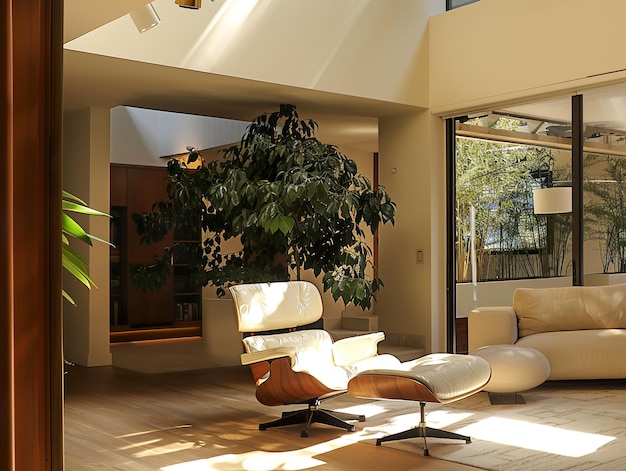 a living room with a couch and a chair with a plant in the corner