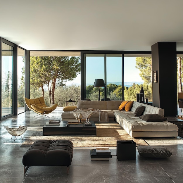 a living room with a couch and a chair with a view of the mountains